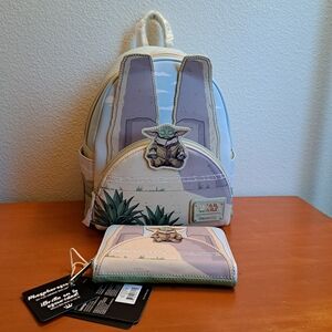 Loungefly Star Wars Mandalorian Grogu Backpack and Wallet Set- Light Blue, Cream